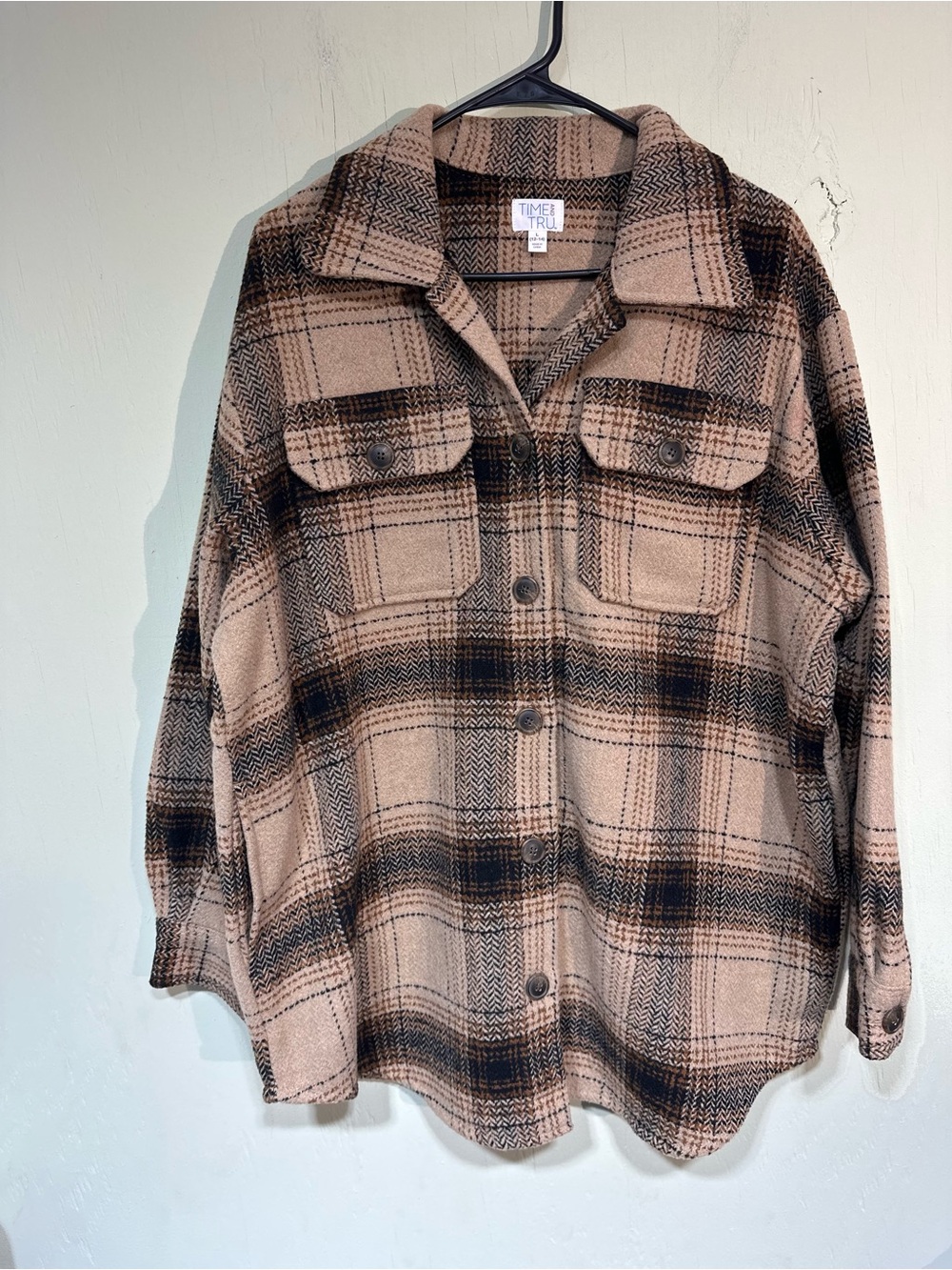 Time and Tru tan brown black plaid button front shacket wool blend large